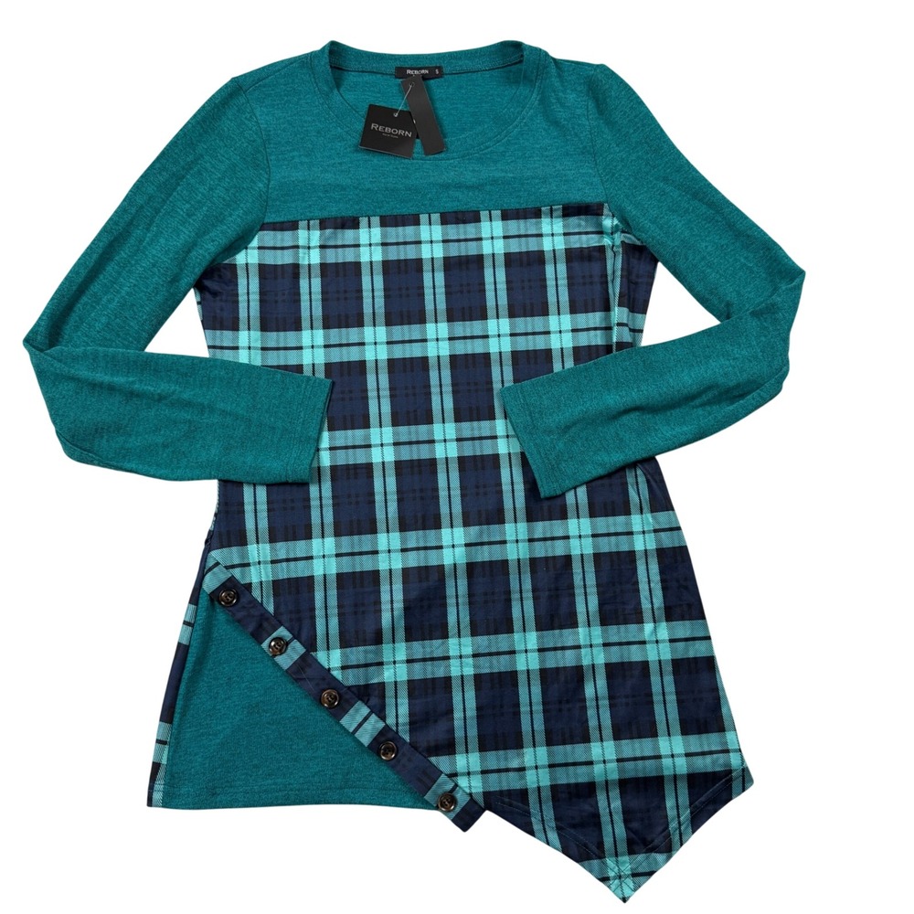 NWT Reborn New York Women Turquoise Plaid Asymmetrical Sharkbite Tunic Top S NEW